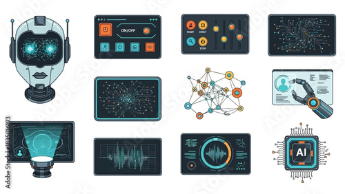 Futuristic technology elements and robotic interfaces in a cartoon style for design resource