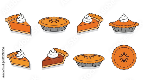 Illustration of assorted pumpkin pies with whipped cream, perfect for autumn holiday designs
