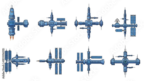 Illustration of futuristic space stations and spacecrafts for science fiction concepts