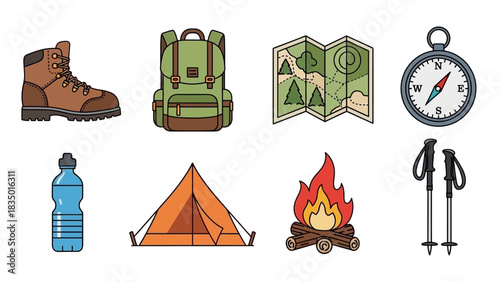 Hiking and camping illustration with essential gear and equipment for outdoor adventures