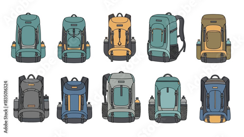 Illustration of Various Hiking Backpacks in Different Styles and Colors for Outdoor Adventures