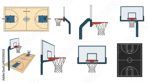 Illustrative compilation of basketball court layouts and hoop structures for sports visuals