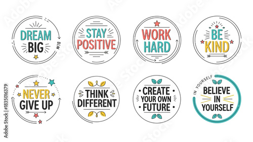Inspirational Message Set Featuring Motivation, Success, and Positivity Quotes in Circles