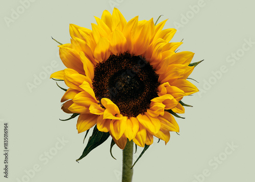 Studio shot close up of vibrant yellow sunflower against pale green background
