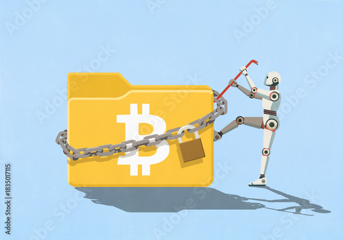 Humanoid robot with crowbar attempting to pry open padlocked digital Bitcoin folder
