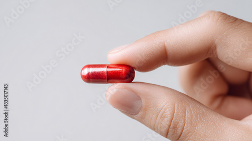 Woman hand holding red pill capsule on finger close-up gray background healthcare concept