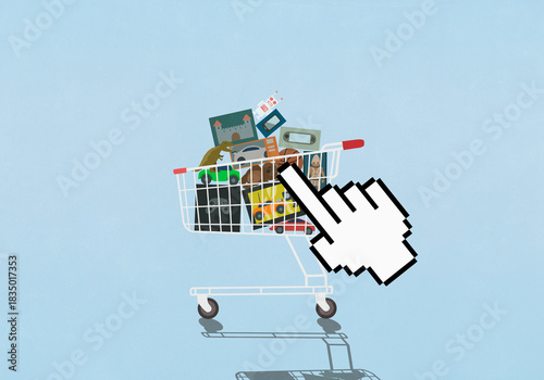 Pointing hand cursor hovering over shopping cart full of toys against blue background
