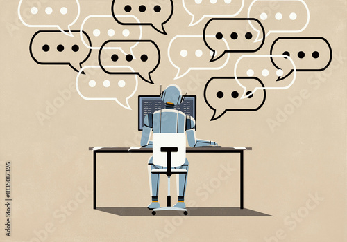 Dot dot dot symbols inside speech bubbles above humanoid chatbot robot working at computer
