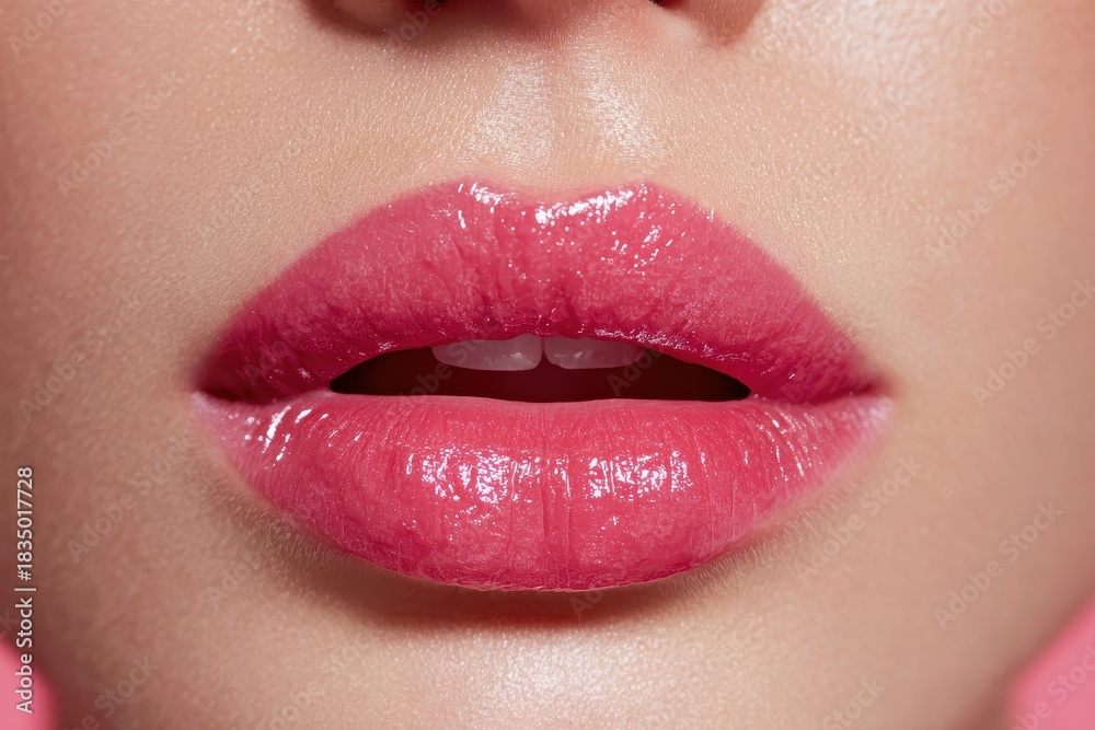Fototapeta premium Close-up view of alluring pink lips with a glossy finish, highlighting the richness of color and texture in soft lighting, set against a neutral background