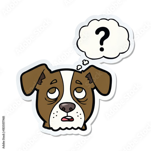 Cartoon dog thinking with question mark in thought bubble