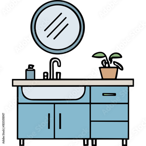 Modern Bathroom Vanity with Sink Mirror and Potted Plant Clean Blue Cabinetry White Countertop and Beige Sink Basin Contemporary Home Interior Design Element Illustration