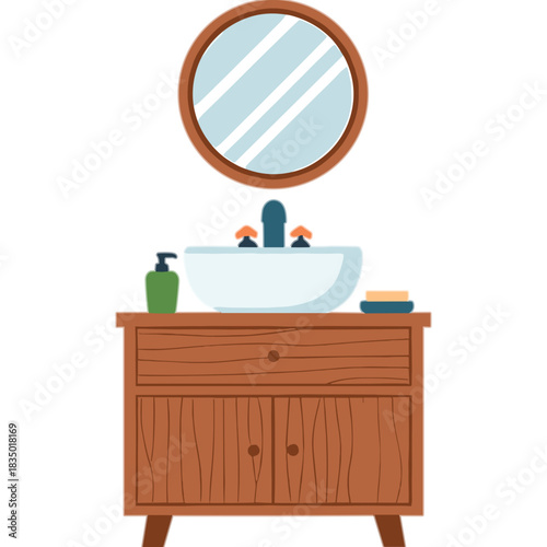 Modern Bathroom Vanity With Round Mirror Above A White Sink And Soap Dispenser Detailed Wood Texture With Warm Lighting Elegant And Clean Design