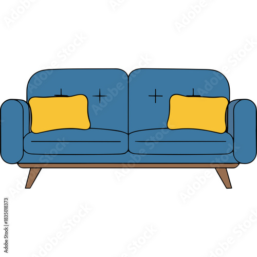 Modern Blue Two Seater Sofa With Yellow Cushions On A Black Background With Mid Century Style Legs