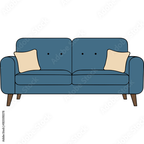 Modern Blue Two-Seater Sofa with Cream Cushions Featuring Mid-Century Style Wooden Legs Isolated on Transparent Background