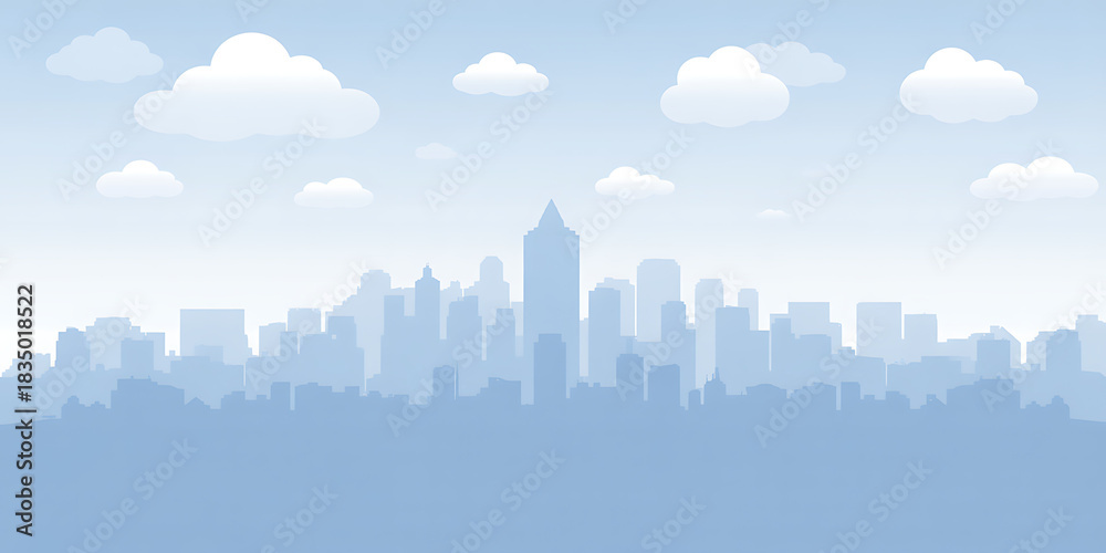 Fototapeta premium Minimalist blue cityscape silhouette with towering buildings and fluffy clouds under a clear sky