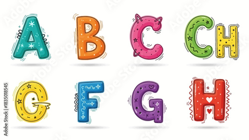 Playful and whimsical cartoon alphabet letters with bright colors and decorative elements suitable
