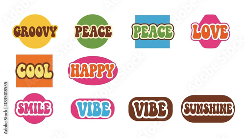 Retro groovy vibes collection, vintage colorful hippie style text phrases design