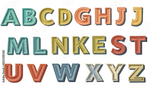 Retro Alphabet Vector Set with Colorful Vintage Style Letters on White Background
