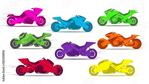 Vibrant collection of futuristic motorcycles in various colors on a clean background