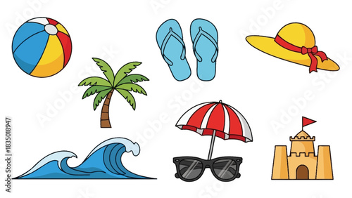 Vibrant summer beach clip art scene featuring classic vacation elements and icons