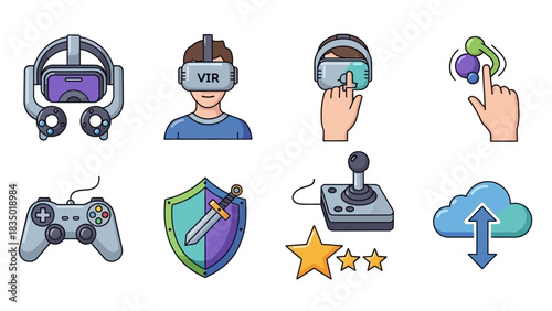 Virtual Reality and Gaming Icon Set: A Modern Collection of Game Elements and VR Gear