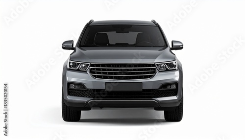 Front view of a silver SUV with sleek headlights, horizontal grille slats, and integrated fog lights, captured in clean lighting.