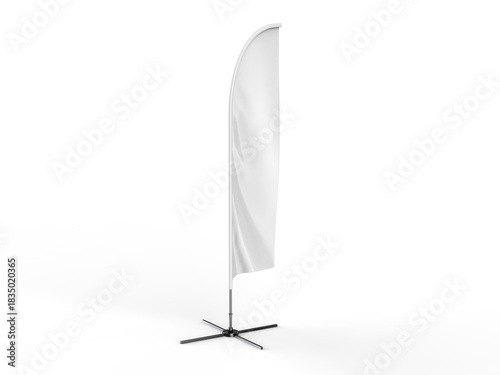 Blank white feather flag outdoor advertising shield flag banner or vertical wind banner mock up template isolated in mall. 3d illustration.