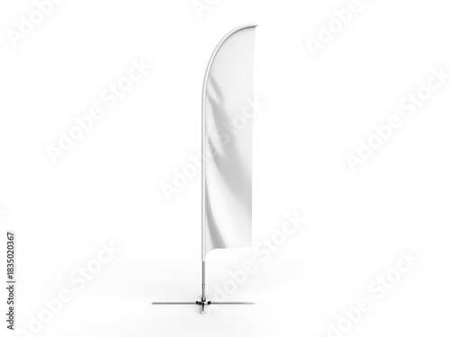 Blank white feather flag outdoor advertising shield flag banner or vertical wind banner mock up template isolated in mall. 3d illustration.