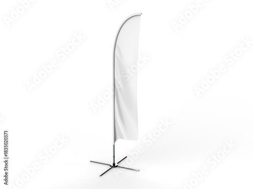 Blank white feather flag outdoor advertising shield flag banner or vertical wind banner mock up template isolated in mall. 3d illustration.