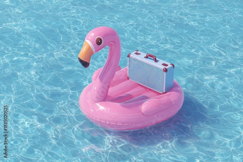 Pink flamingo inflatable belt floating in clear water beside a travel suitcase at a sunlit pool during a summer afternoon