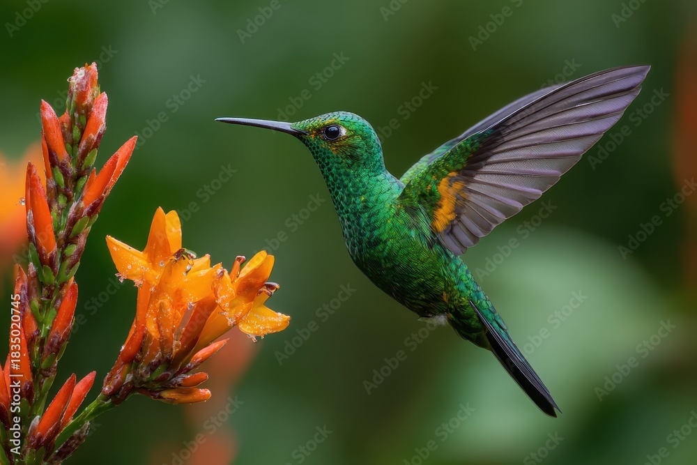 Naklejka premium Greencrowned brilliant hovering near vibrant orange flowers in a tropical garden at dawn