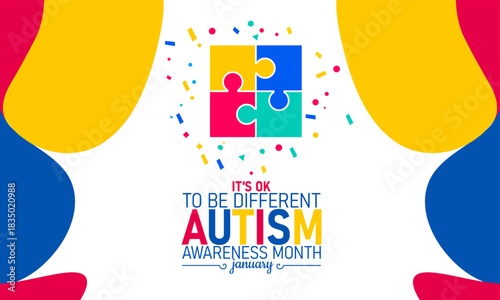 Autism Awareness Month Poster Banner and Background Design Template Featuring Multicolored Puzzle Human Icon Illustration for It's okay to be different.