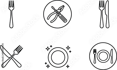 Minimal Outline Icon Set featuring Dining Cutlery, Clean Plate, Fork, Knife, and Construction Pliers for Mixed Utility Graphics.
