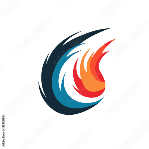 Abstract dynamic flame and wave symbol logo with curved sharp shapes in red orange and blue tones, minimalist modern vector design for branding and identity