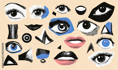 Collage of various stylized eyes, lips, noses, and facial features in halftone and flat minimalist vector style with blue and black accents on beige background