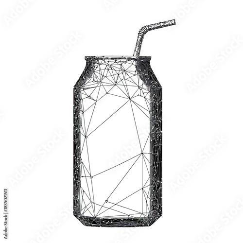 Low poly wireframe black vector illustration of soda can with straw isolated on white background polygonal linear design for drinks and beverage concept EPS