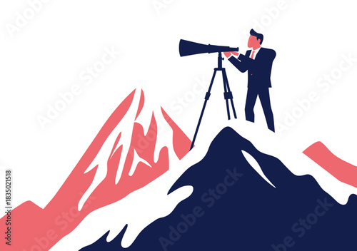 Businessman standing on mountain peak using telescope to look at distant mountains ambition goal success vision concept flat vector illustration