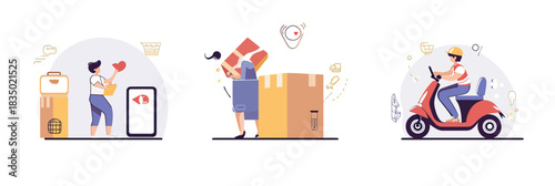 Online shopping with mobile app order, large parcel box delivery, woman unpacking package, courier riding red scooter with helmet transporting shipment, ecommerce concept vector illustration