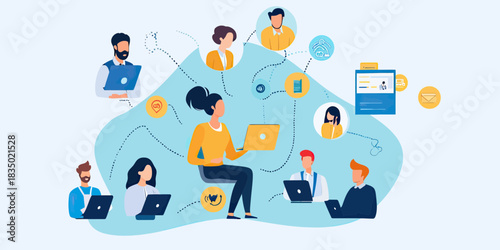 Remote team collaboration business people using laptops connected through global online network icons flat vector illustration for digital communication and teamwork concept