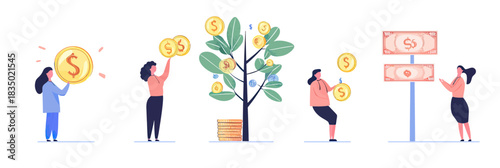 People collecting coins from money tree, financial growth symbols, saving money, counting cash banknotes, business investment concept flat vector illustration