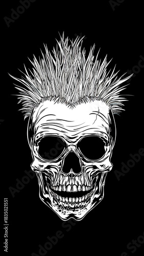 Detailed punk skull with spiky mohawk hairstyle cracked bones black and white vector engraving style illustration on black background