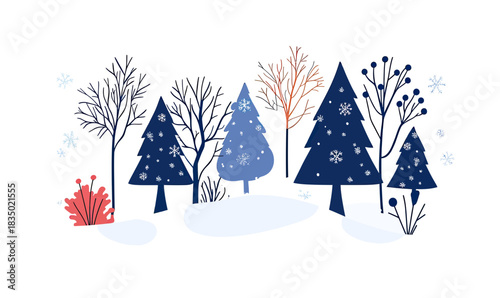 Minimalist winter forest vector illustration with snow-covered pine trees, bare deciduous trees, simple berries and snowflakes in flat design style suitable for seasonal themes