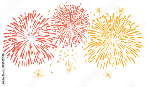 Colorful red and orange fireworks explosion display with star shapes isolated on white background festive celebration vector illustration flat design
