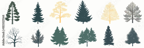 Horizontal arrangement of diverse tree silhouettes including coniferous and deciduous varieties in minimalist flat vector style on white background