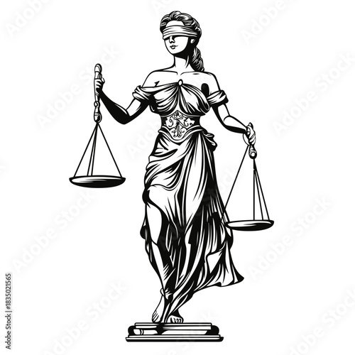 Lady Justice blindfolded holding balanced scales standing on books detailed black and white vector illustration symbol of fairness law and equity