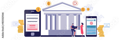 Online banking money transfer with smartphone apps between bank institutions digital transaction concept flat vector illustration