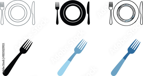 Set of Six Dining Icons Featuring Plate Setting and Fork in Different Styles: Outline, Solid Black, Blue Tones, and Grunge Texture.