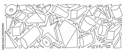 Geometric figures pattern. Playful doodle elements featuring 3d triangles, stars, cylindric. Black scribble line childish illustrations for creative projects. Vector doodle background pattern.