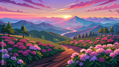 Very beautiful sunrise over a rhododendron field on Roan Mountain, where glowing pink blossoms stretch across rolling ridges beneath soft morning light and a tranquil Appalachian horizon.
