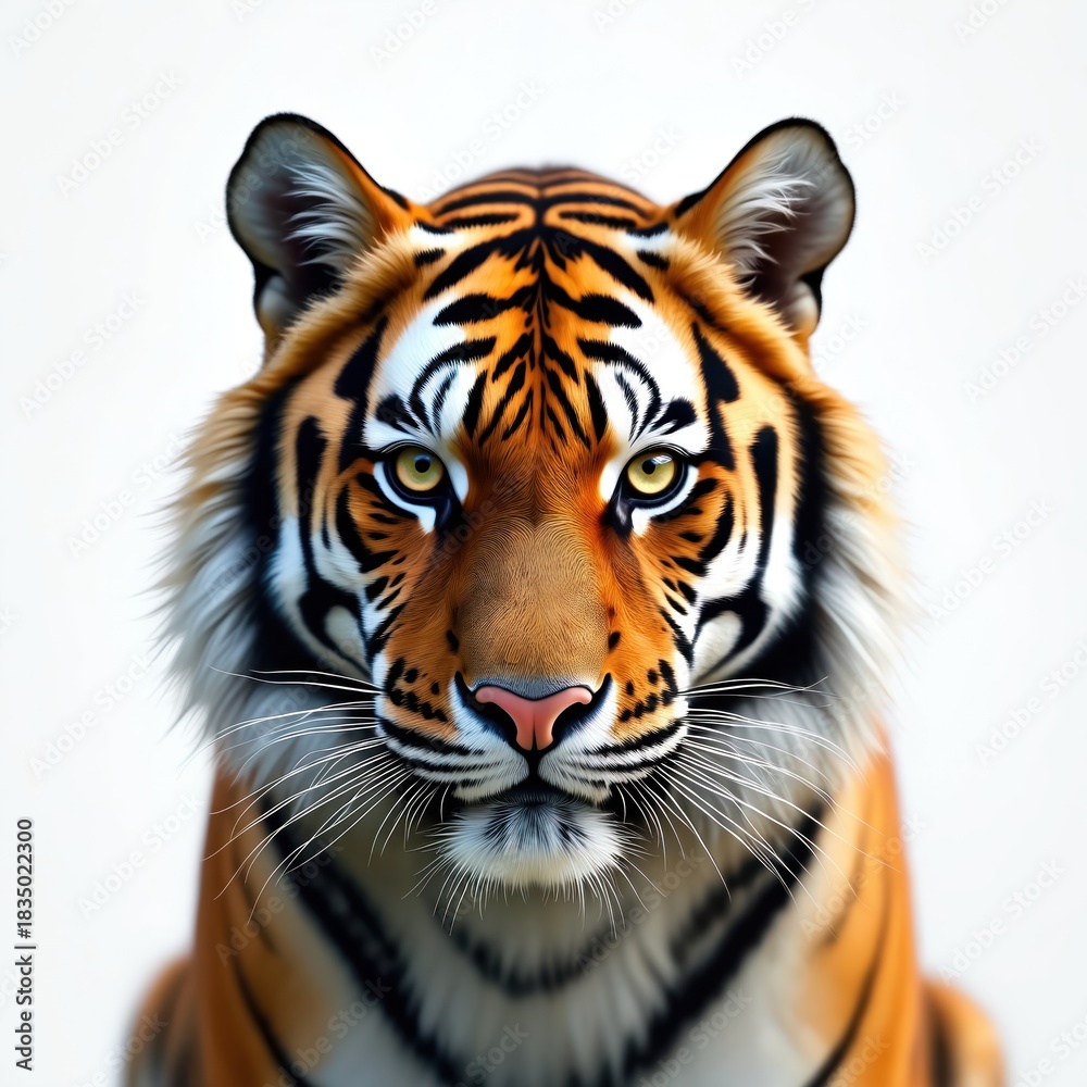 Fototapeta premium Close up portrait of majestic tiger face. Its intense yellow eyes stare directly forward, framed by distinctive black stripes on orange coat. Powerful predator with sharp gaze and prominent whiskers.